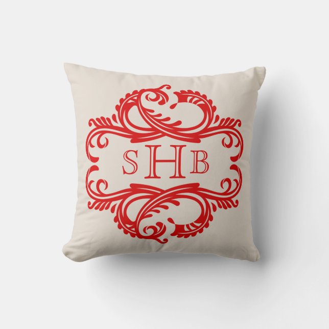 Red Chic Damask Monogram Pillow Kussen (Voorkant)
