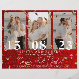 Red Chic Glitter Photo Collage Save the Date Kaart