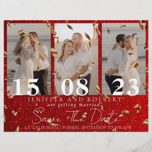 Red Chic Glitter Photo Collage Save the Date Kaart (Voorkant)
