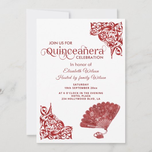 Red Chic hand fan romantische rozen Quinceañera Kaart (Voorkant)