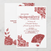 Red Chic hand fan romantische rozen Quinceañera Kaart (Voorkant / Achterkant)