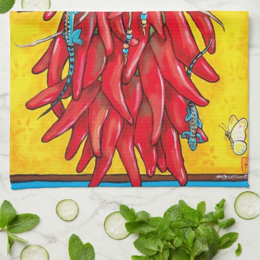 Red Chili Chili Pepper Ristra Towel Lizard Geel Theedoek (Gevouwen)
