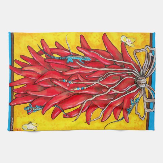 Red Chili Chili Pepper Ristra Towel Lizard Geel Theedoek (Horizontaal)