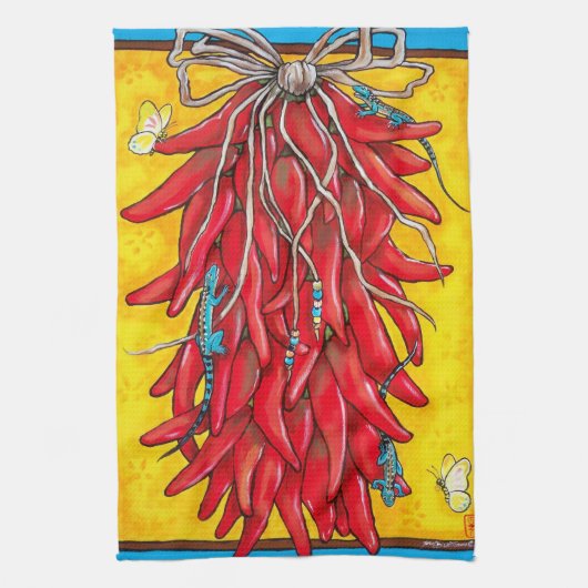 Red Chili Chili Pepper Ristra Towel Lizard Geel Theedoek (Verticaal)
