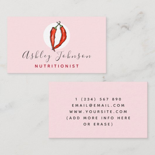 Red Chili Pepper Voedingsdeskundige Diëtist Licht Visitekaartje (Voorkant / Achterkant)