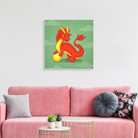 Red Chinese Dragon on Green Canvas Afdruk (Insitu (Woonkamer))