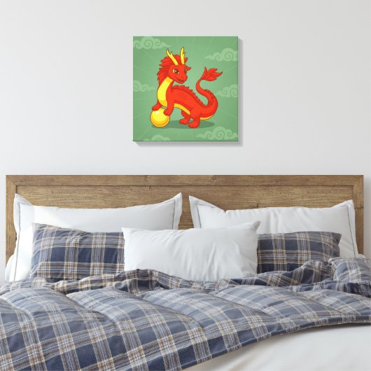 Red Chinese Dragon on Green Canvas Afdruk (Insitu (Slaapkamer))