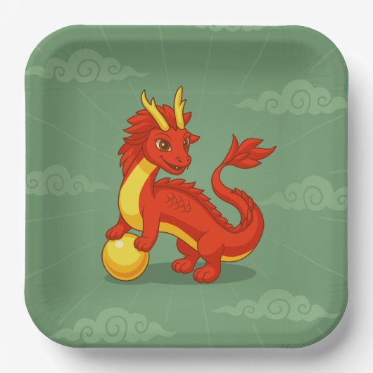 Red Chinese Dragon on Green Papieren Bordje (Voorkant)