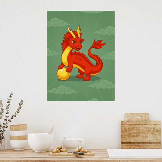 Red Chinese Dragon on Green Poster (Keuken)