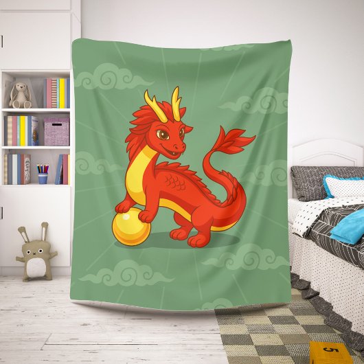 Red Chinese Dragon on Green Sherpa Deken
