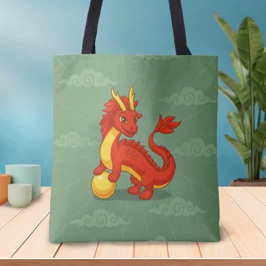 Red Chinese Dragon on Green Tote Bag