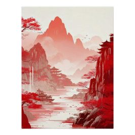 Red Chinese Landscape Painting - Serene Mountains Perfect Poster