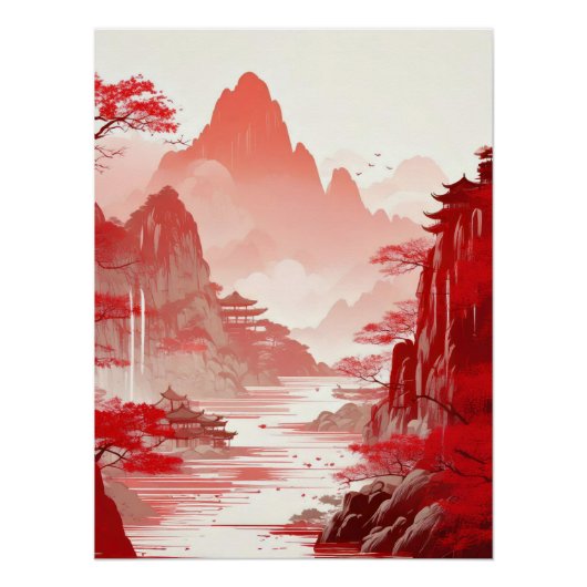 Red Chinese Landscape Painting - Serene Mountains Perfect Poster (Voorkant)