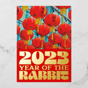 Red Chinese Water 2023 Rabbit New Year Gold Folie Uitnodiging