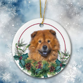 Red Chow Chow Dog Evergreen Berry Wreath Keramisch Ornament