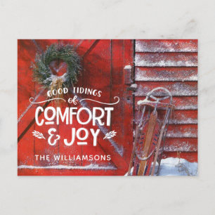Red Christmas Barn Country Script Comfort en Joy Feestdagenkaart