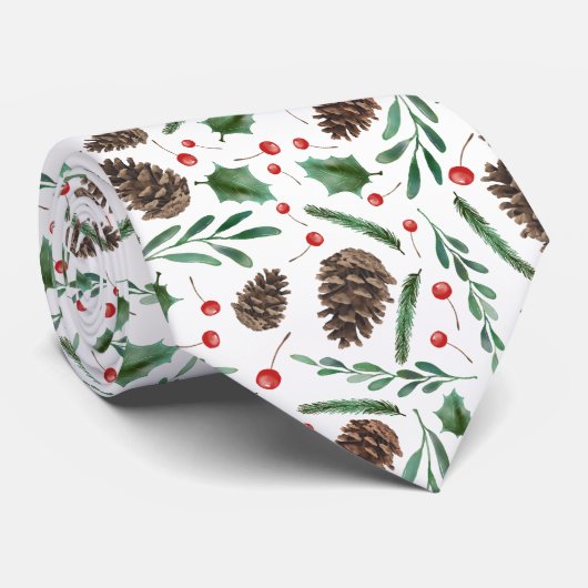 Red Christmas Berry Pinecone Pattern Holiday Stropdas (Opgerold)