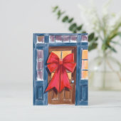 Red Christmas Bow Door Wreath Watercolor Feestdagenkaart (Staand voorkant)