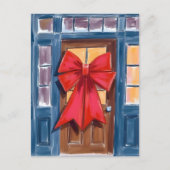 Red Christmas Bow Door Wreath Watercolor Feestdagenkaart (Voorkant)