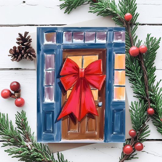 Red Christmas Bow Door Wreath Watercolor Feestdagenkaart