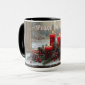 Red Christmas Candles Pine Cones Peace on Earth Mok (Voorkant links)