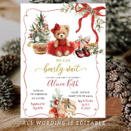Red Christmas Coquette Bear Girl Baby Shower Kaart