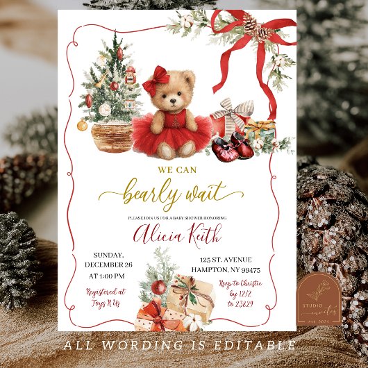 Red Christmas Coquette Bear Girl Baby Shower Kaart