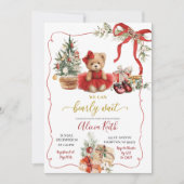Red Christmas Coquette Bear Girl Baby Shower Kaart (Voorkant)