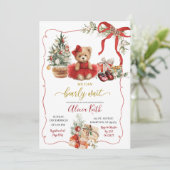 Red Christmas Coquette Bear Girl Baby Shower Kaart (Staand voorkant)