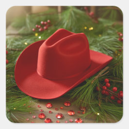 Red Christmas Cowboy Hat Vierkante Sticker