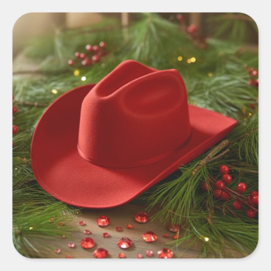 Red Christmas Cowboy Hat Vierkante Sticker (Voorkant)