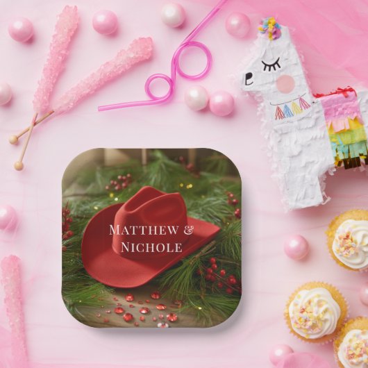 Red Christmas Cowboy Hat Wedding Papieren Bordje (Feest)