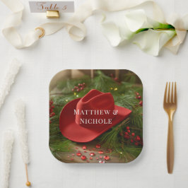 Red Christmas Cowboy Hat Wedding Papieren Bordje