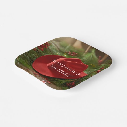 Red Christmas Cowboy Hat Wedding Papieren Bordje (Gebogen)