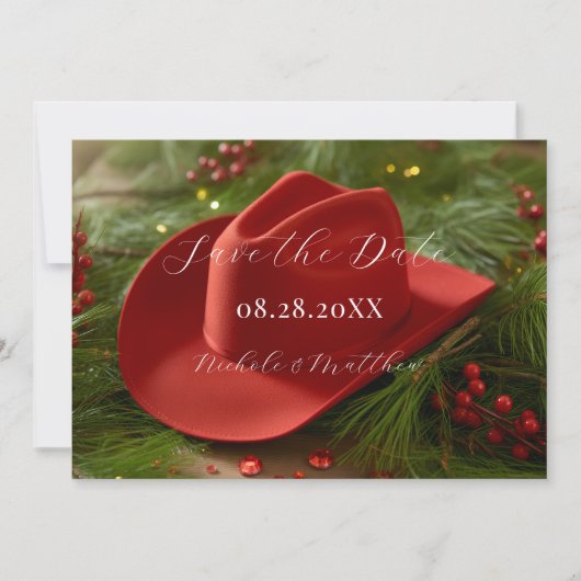Red Christmas Cowboy Hat Wedding Save The Date (Voorkant)