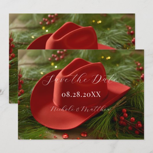 Red Christmas Cowboy Hat Wedding Save The Date (Voorkant / Achterkant)