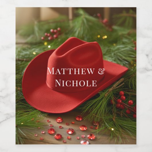 Red Christmas Cowboy Hat Wedding Wijn Etiket (Enkel label)