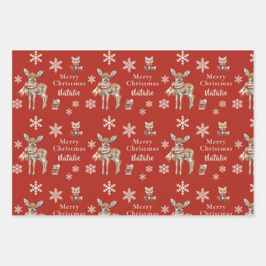Red Christmas Deer & Fox gepersonaliseerd Inpakpapier Vel (Voorkant)