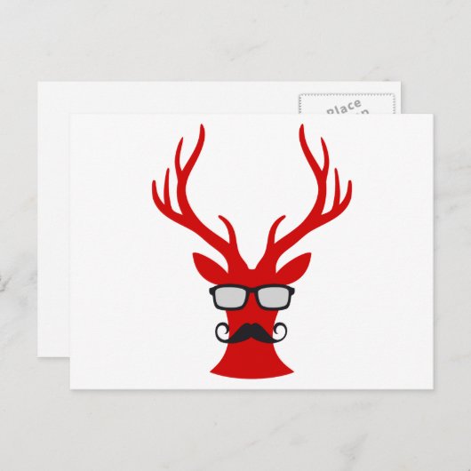 Red Christmas deer with mustache and nerd glasses Feestdagenkaart (Voorkant / Achterkant)