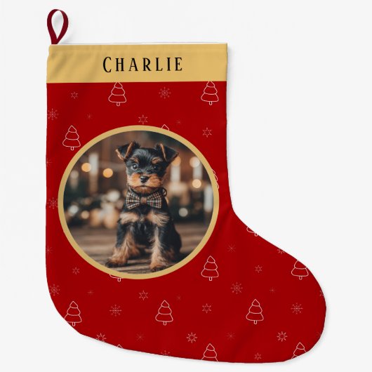 Red Christmas Dog Name Holiday Keepsake Grote Kerstsok (Voorkant)