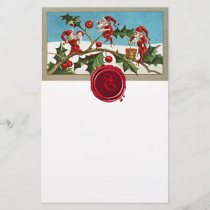 RED CHRISTMAS ELVES, HOLLYBERRIES Wax Seal Monogra Briefpapier