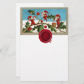 RED CHRISTMAS ELVES, HOLLYBERRIES Wax Seal Monogra Briefpapier (Voorkant / Achterkant)