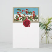 RED CHRISTMAS ELVES, HOLLYBERRIES Wax Seal Monogra Briefpapier (Staand voorkant)