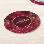 RED CHRISTMAS FIRE OPAL GLITTER CUSTOM MONOGRAM RONDE KARTONNEN ONDERZETTER (Gebogen)