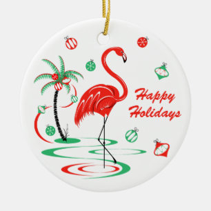 Red Christmas Flamingo Holidays Text round Keramisch Ornament