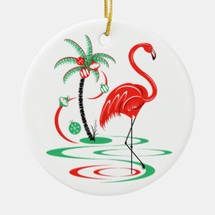 Red Christmas Flamingo Text ornament round