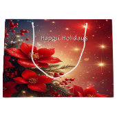 Red Christmas Floral Holiday Gift Bag Groot Cadeauzakje (Voorkant)