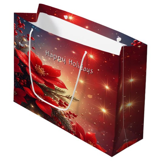Red Christmas Floral Holiday Gift Bag Groot Cadeauzakje (Voorkant Gekanteld)