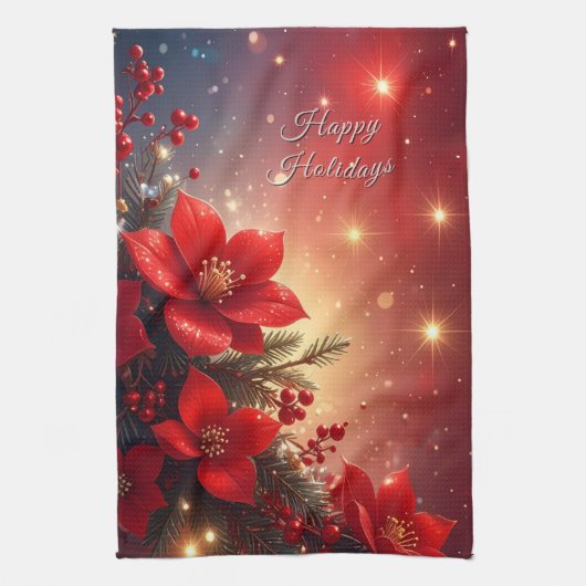 Red Christmas Floral Holiday Kitchen Towel Theedoek (Verticaal)