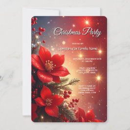 Red Christmas Floral Holiday Party Invitation Kaart